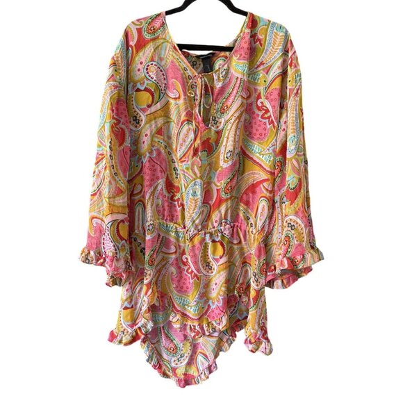 Moda International Paisley Print Hi-Lo Blouse Mini Dress L/XL100% Silk Ruffle - Picture 1 of 6